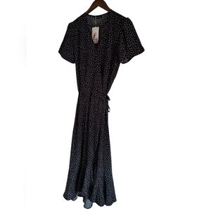 Elegant Black Polka Dot Wrap Dress Size Large Maxi
